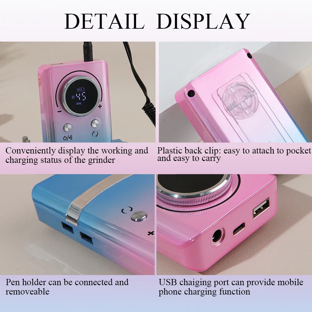 45000RPM Professional Rechargeable Nail Drill Machine - Low NoiseSuitable for All Gel Nails (Equipped with Nail Sander File)