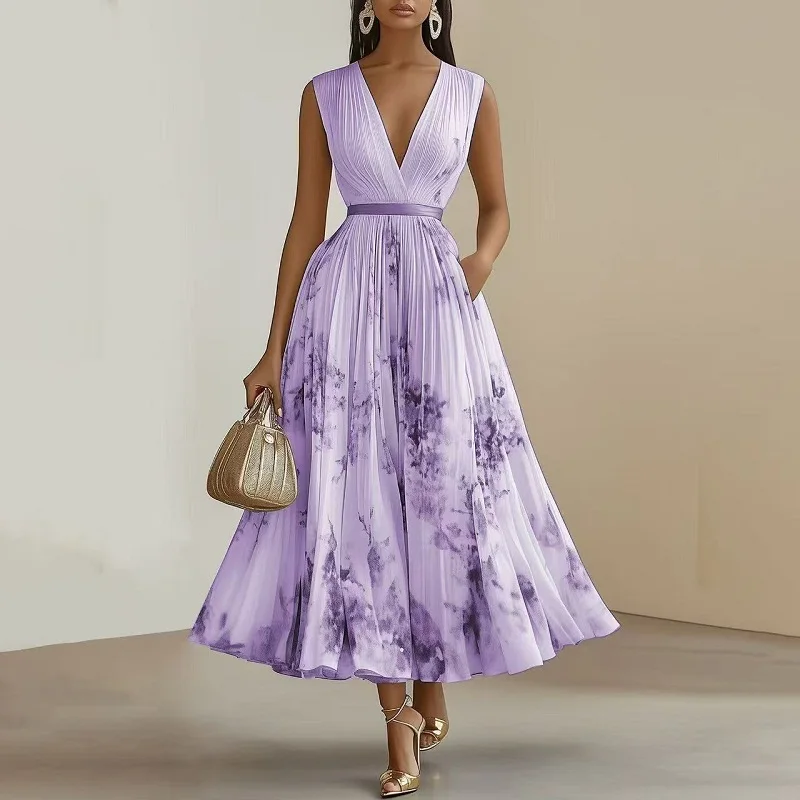 Sexy Deep V Neck High Waist Pleated Dresses Woman Spring Floral Print Hollow A-Line Long Dress Summer Sleeveless Boho Maxi Dress