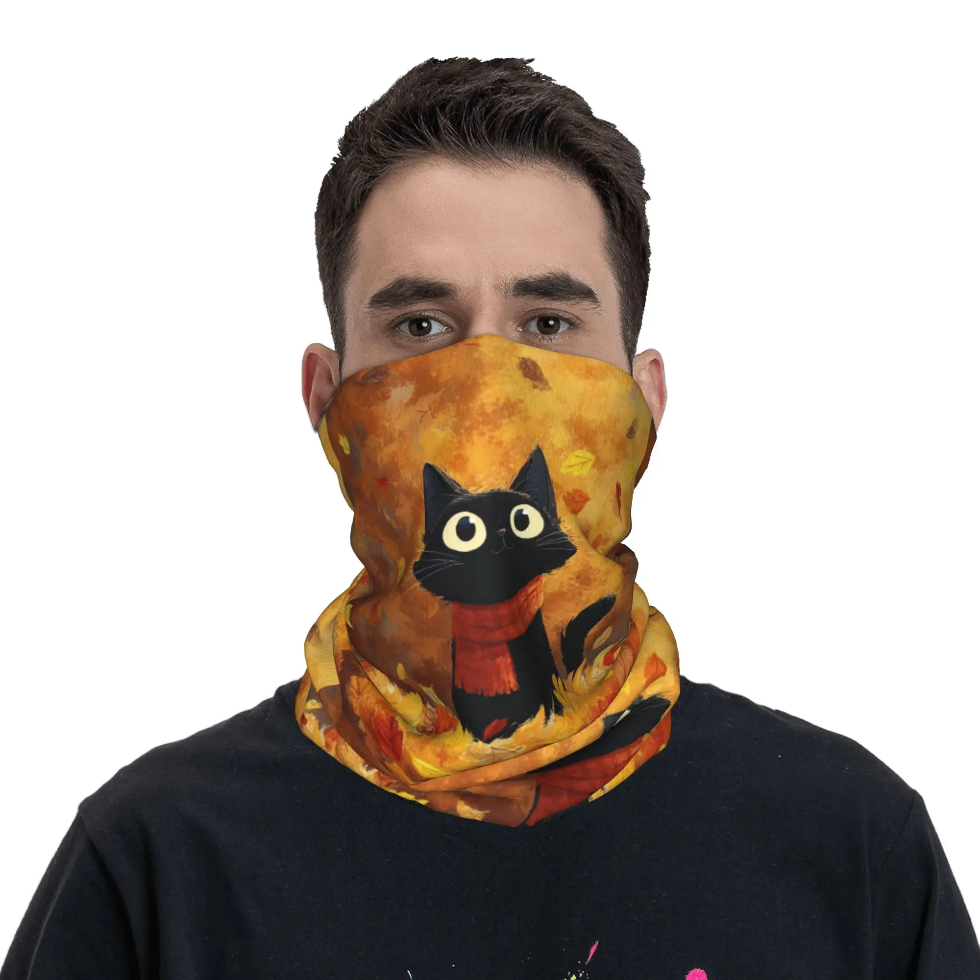 Cartoon Black Cat Fall Leaves Bandana Neck Gaiter Printed Wrap Mask Scarf Multi-use Cycling Scarf Cycling For Men Women Adult