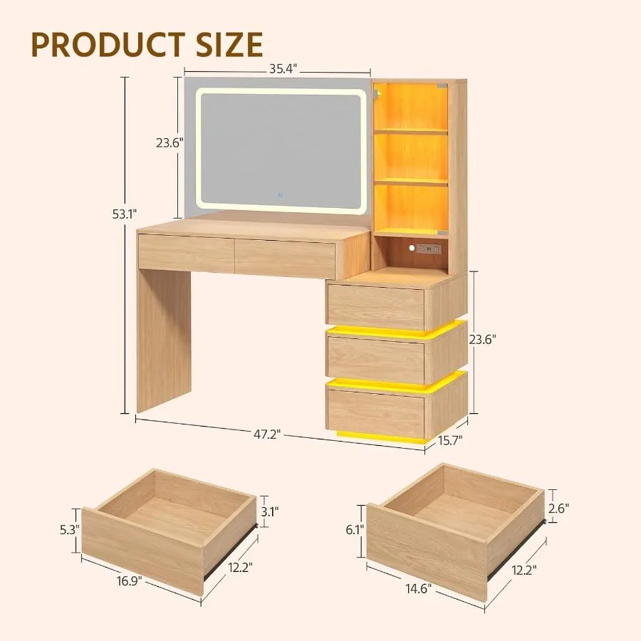 Large Vanity Desk with Mirror and LED Lights, 47