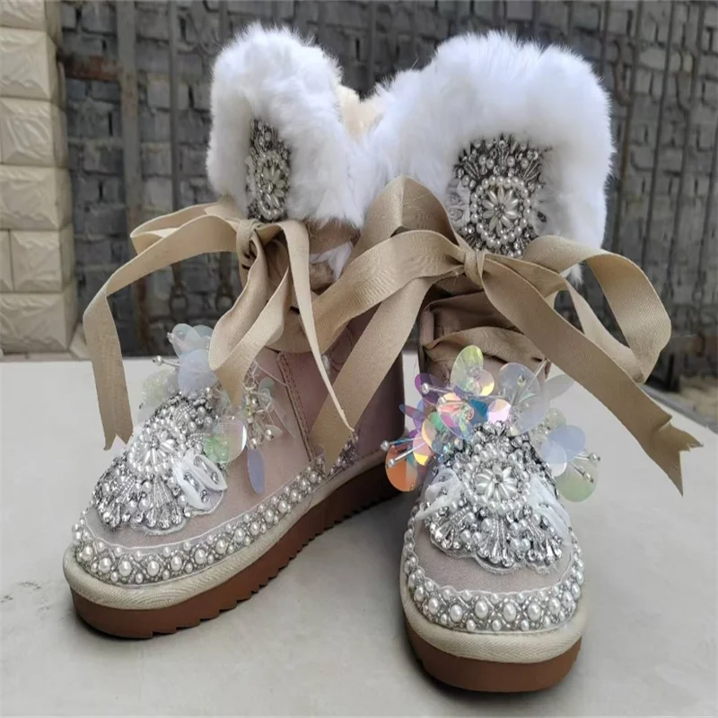 Beaver rabbit hair pearl diamond-sequined fur one snow boots handmade custom large size banquet women's cotton shoes 35-44