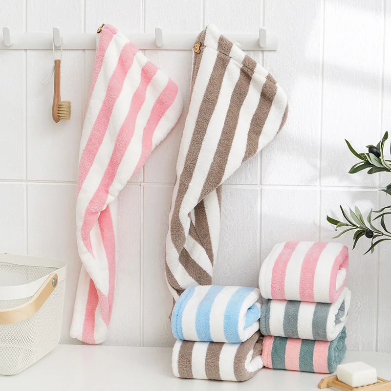 Dry Hair Towel Microfiber Coral Velvet Striped Pattern Hair Cap for Women Turban Water-Absorbent Quick-Drying Striped Shower Cap view 4