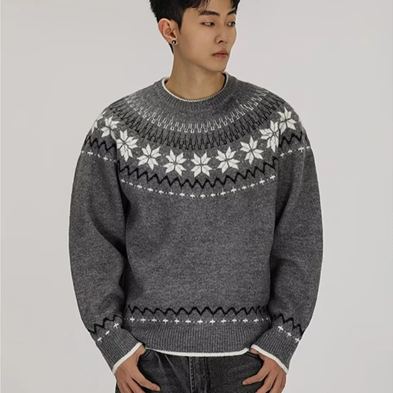 

Winter American High Street Fair Isle Sweaters For Men Retro Jacquard Crewneck Christmas Knitwear Warm Long Sleeve Y2K Pullovers