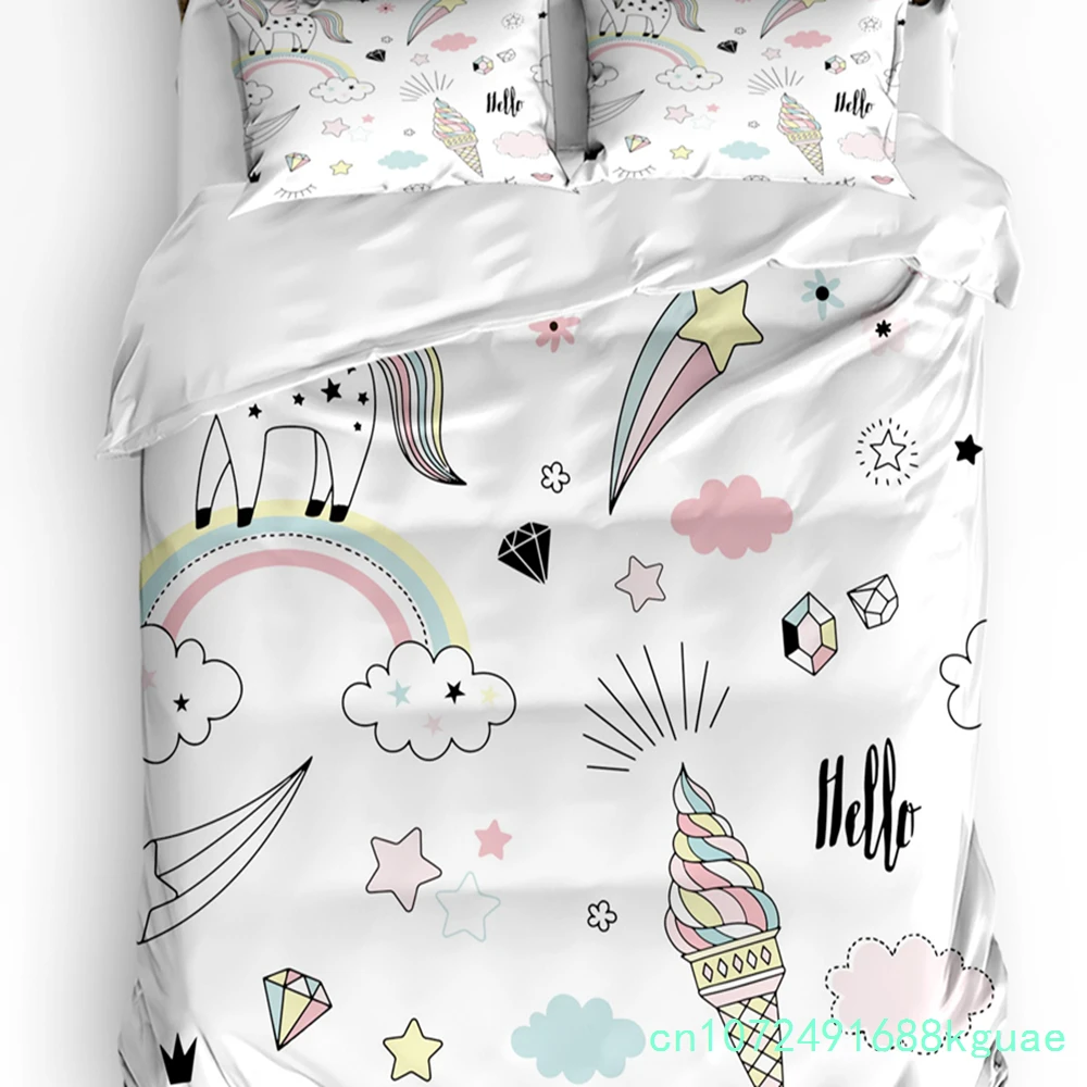 Unicorn Ice Cream White Cloud Pentagram Rainbow Duvet Cover 3pcs Bedding Set Home Textile Quilt Cover Pillowcases No Sheet
