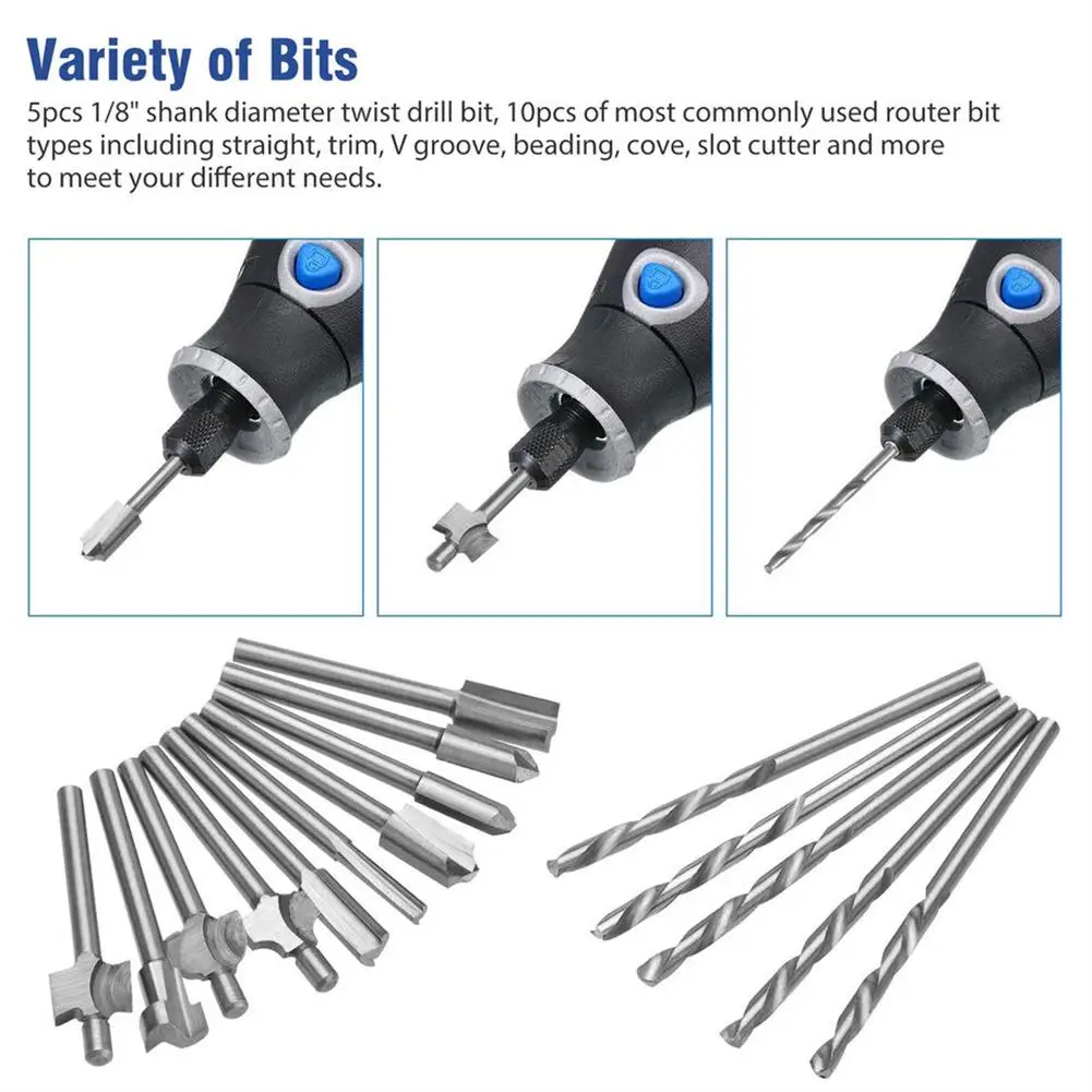 생크 라우터 비트 세트, 조각 밀링 커터 드릴 비트, DIY 목공 조각 드릴링 회전 도구, 1/8 인치, 15 개