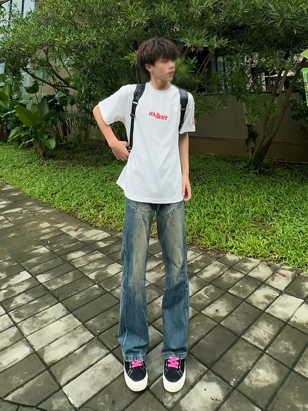 

Американские ретро-джинсы для мужчин, темно-синие, с пэчворком, прямые, зауженные, с легким клешем, дышащие, свободные, прямого кроя, для высоких.