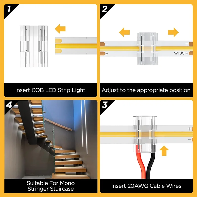 مجموعة موصلات شاملة مكونة من 20 قطعة لشرائط LED 8 مم 2-Pin COB/SMD 2835/3528، توفر خيارات من الشريط إلى الشريط والشريط إلى الأسلاك-