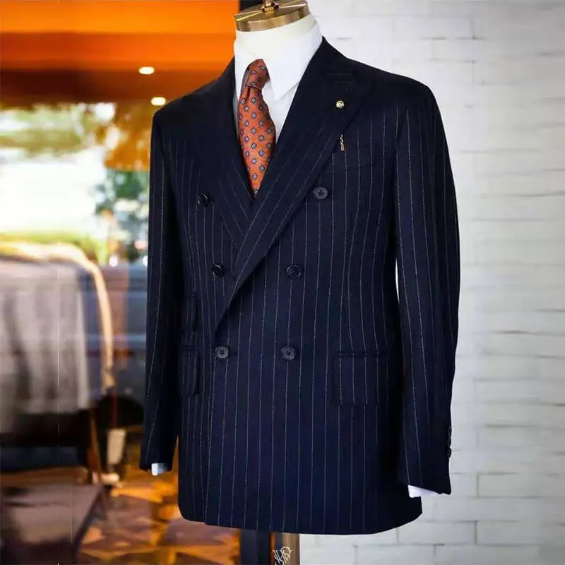 

Navy Men Suits 2 Pieces Blazer Pants Double Breasted Pinstripe Business Uniform Wedding Groom Formal Work Party Causal Tailored