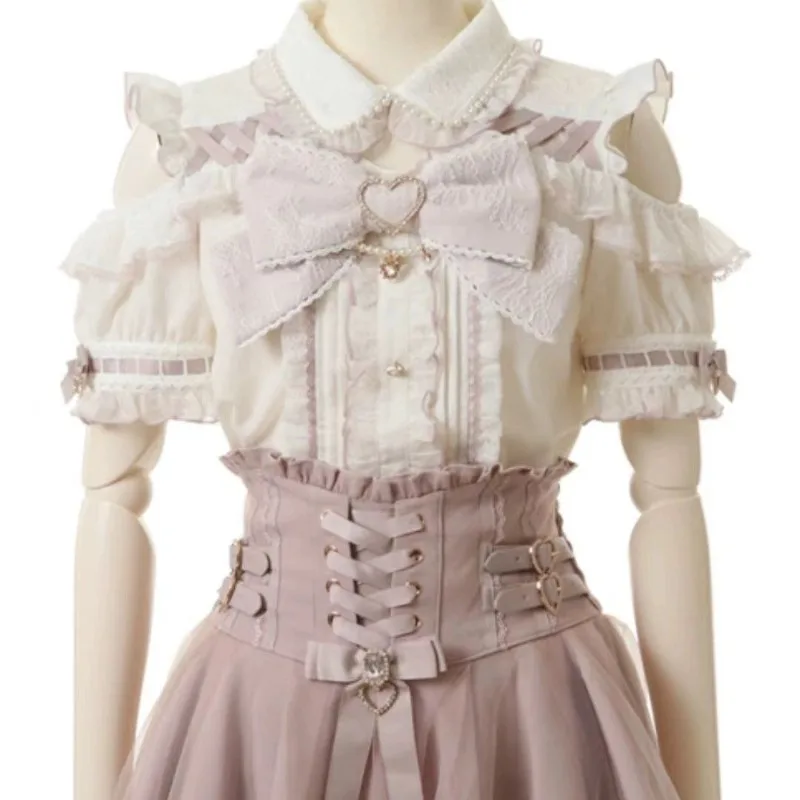 

2026 Summer Women Shirt Lolita New Pearl Collar Cute Big Bow Short Sleeved Shirt for Girls