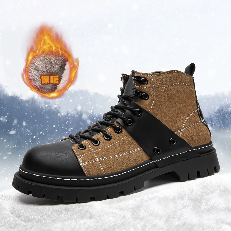

New Winter Men's Ankle Boots with Cotton Lining for Warmth, All-season Desert Boots,Outdoor Hiking Shoes, and Black Casual Shoes