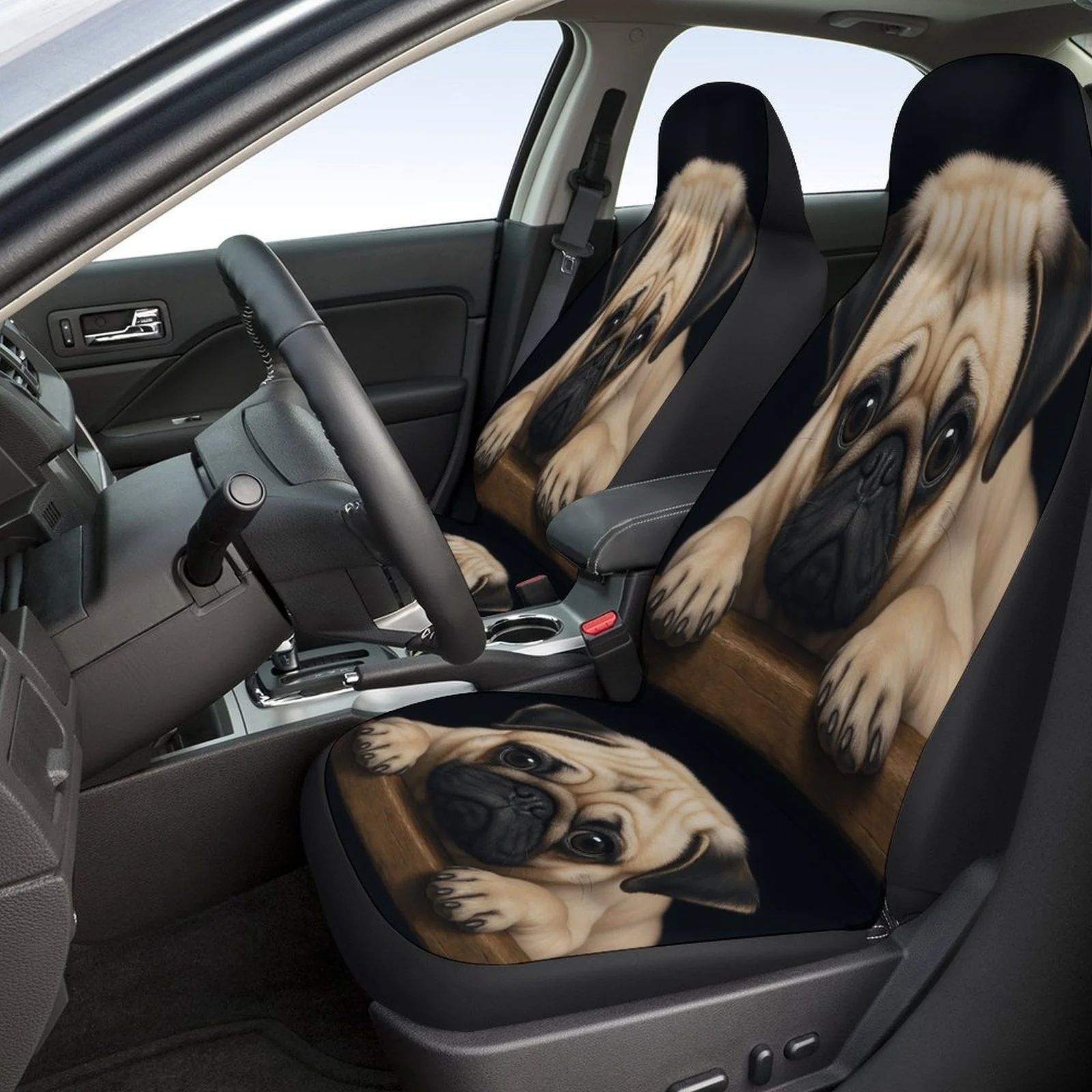 Pug Puppy Portrait Car Seat Cover Set | High-quality Comfortable Universal Fit Polyester Seat Protectors For 2 Front And Rear Se