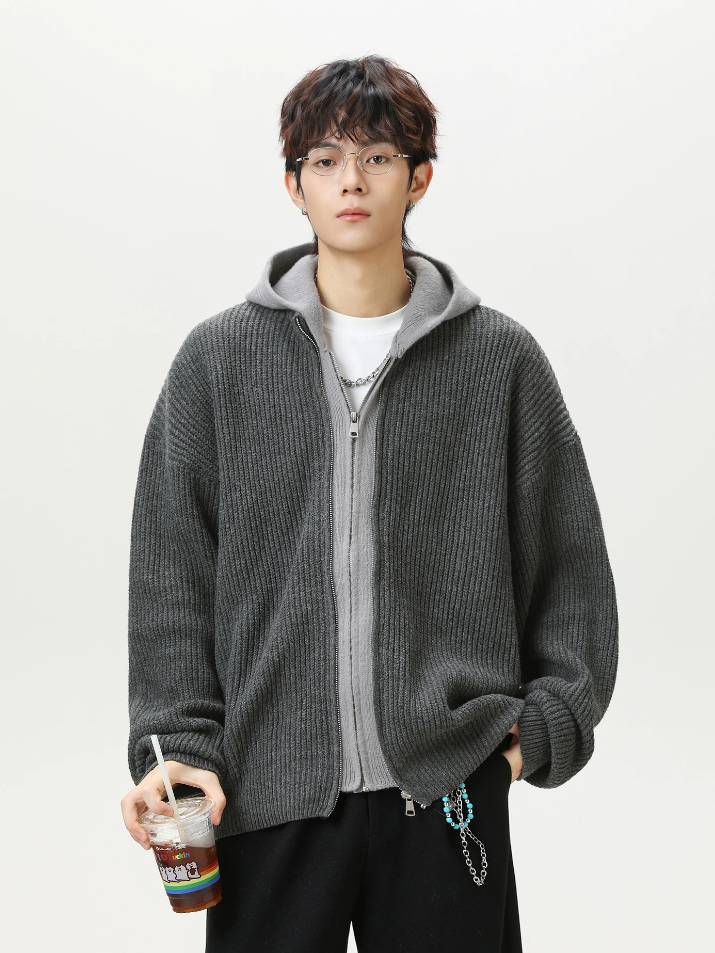 

Fake Two-piece Splicing Cardigan Hooded Knitted Sweater Jacket for Men and Women's Autumn Loose Couple Lazy Sweater.