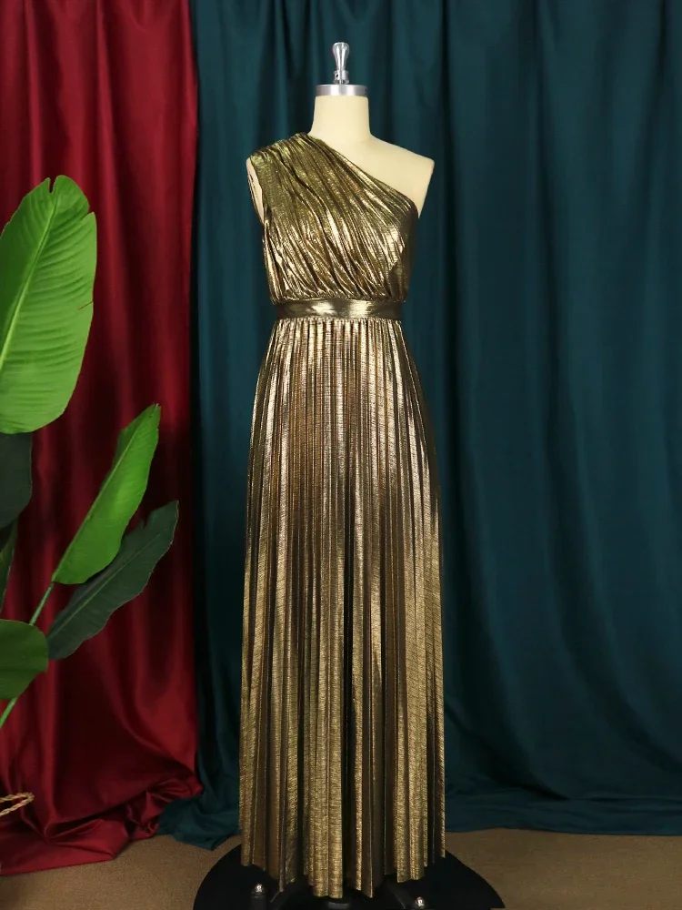 

Gold Gilding One Shoulder Long Party Dress For Women Wine A Line Pleated Elegant Lady Evening Cocktail Wedding Guest Prom