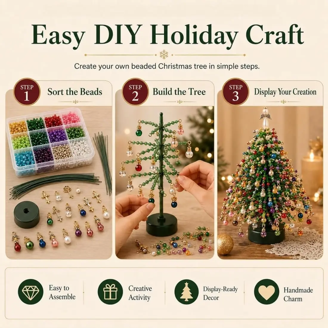 DIY Beaded Christmas Tree Kit, Handmade Mini Desk Xmas Bead Art (Blue) - view 6