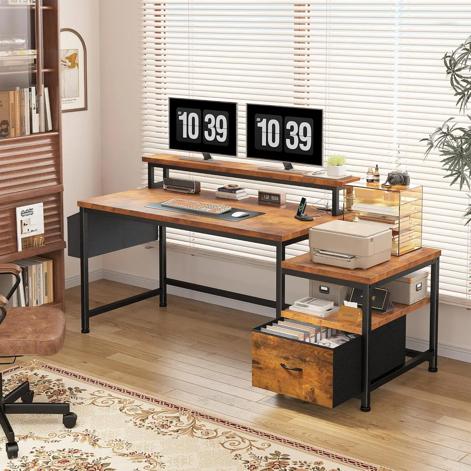 Desk drawers and side storage pockets