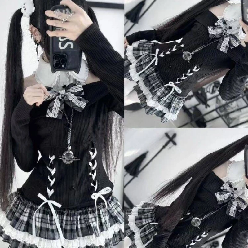 Japanese Gothic Y2k Lolita Skirt Set Women Sweet Lace Bow Bandage Knitted Off-shoulder Top Plaid Mini Skirts Kawaii Slim Outifit image 5
