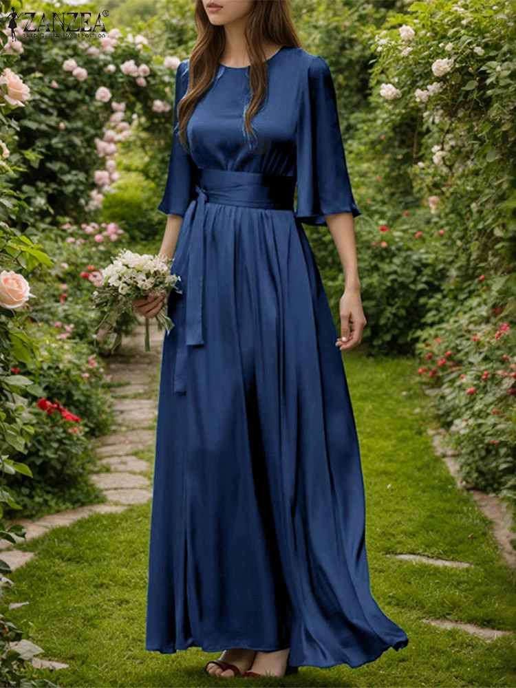 エレガントな女性用ベルト付きオフィスドレス ZANZEA 2025 欧風ラッフルロングヘムスリット入りサテンシルクサンドレス ファッション半袖パーティードレス