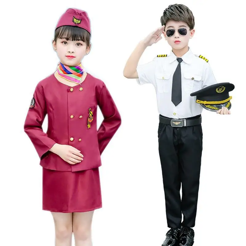 new Kids 90-160cm Aircraft Cosplay Costume Halloween Party Stewardess Suit Fancy Pilot Uniforms Girls Performance Clothing Set