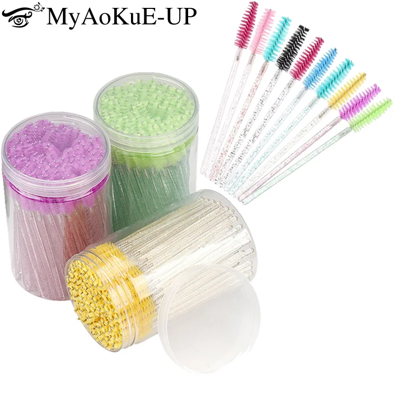 Brosse de maquillage pour extension de cils, peigne pour les yeux, microbrosse avec poignée en cristal, baguettes de mascara, outil de levage de cils, boîte de poulet, 100 pièces