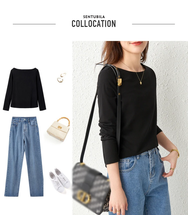 Sentubila Baumwolle Shirts 2023 Frühling Herbst Solide Bodenbildung Tops Oansatz T-shirts Streetwear Temperament Pullover 111T34249 – Detail 8