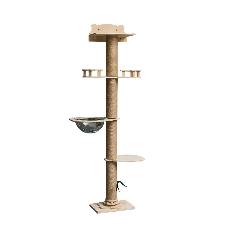Solid Wood Cat Furniture, Suction Cup Mount Tongtian Pillar Cat Tower with Space Capsule and Scratching Column