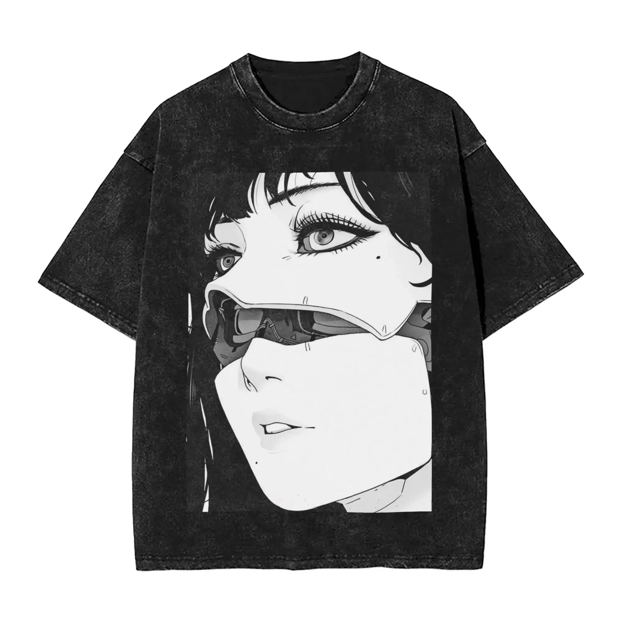 

Men's Japanese manga Kusanagi Motoko shell ghost pattern printed 100% pure cotton short-sleeved Hip-hop washed street too