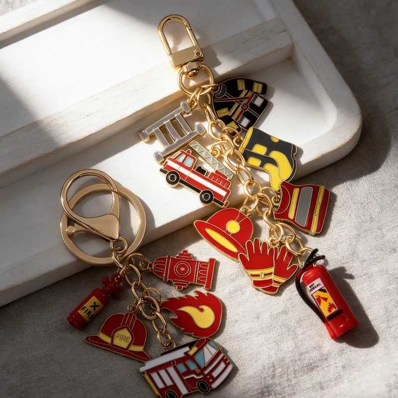 1PC Cartoon Kreative Feuer Lkw Feuer Werkzeuge Schutz Kleidung Tropf Öl Legierung Schlüsselbund Trendy Tasche Dekoration Gedenk Geschenk