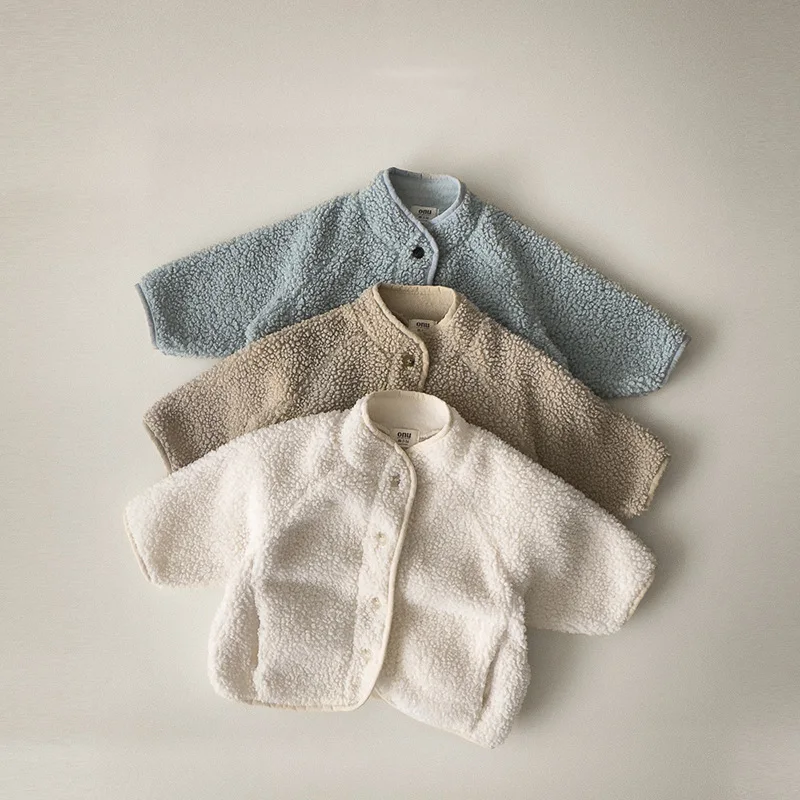 

Spring Autumn Baby Kids Sherpa Fleece Jacket, Solid Color Loose Fit Warm Outerwear for Boys Girls Toddler 73-100