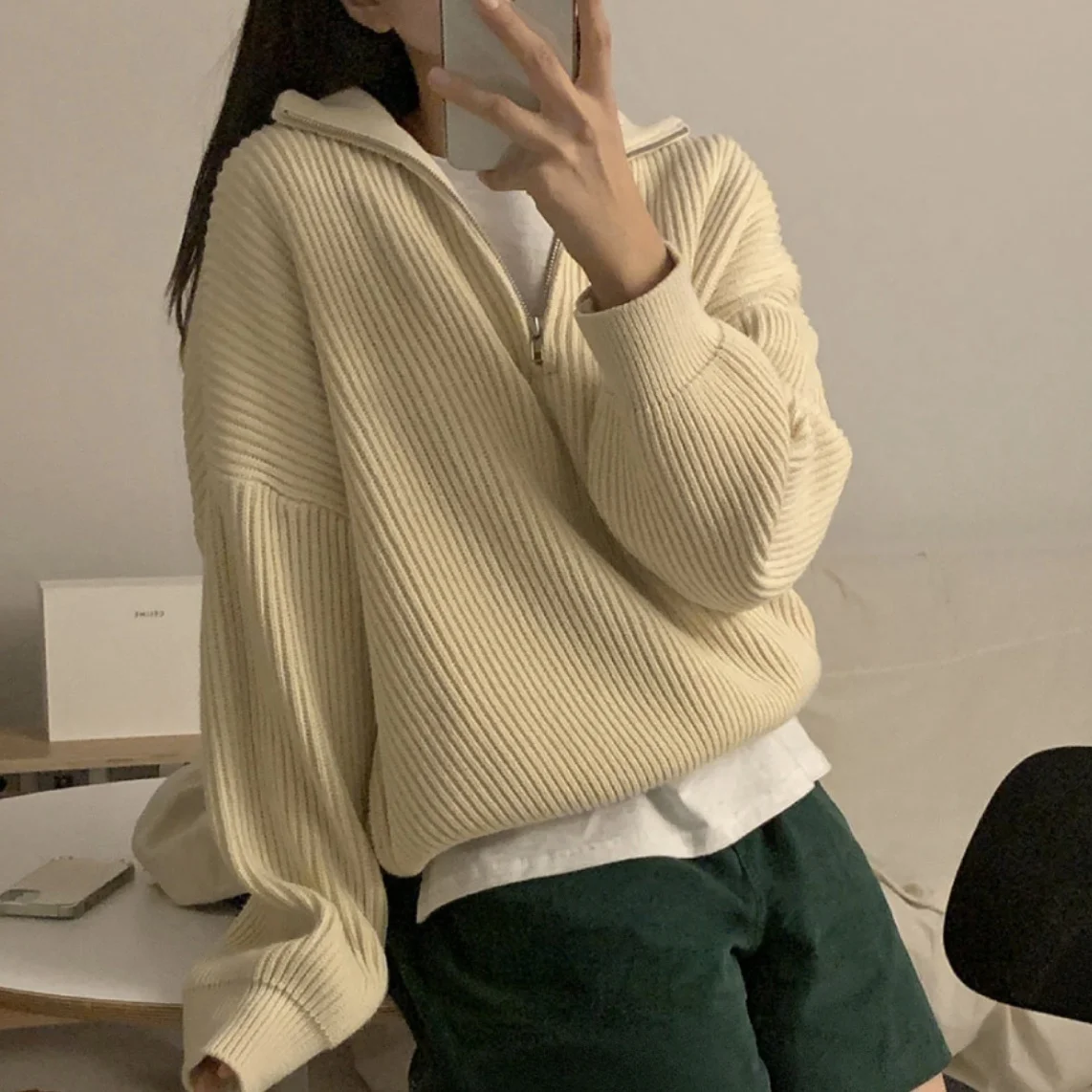 

Женский шикарный цветной Thiened f на молнии с большим воротником, свободный теплый пуловер, вязаный свитер, длинный свеч для поездок на работу