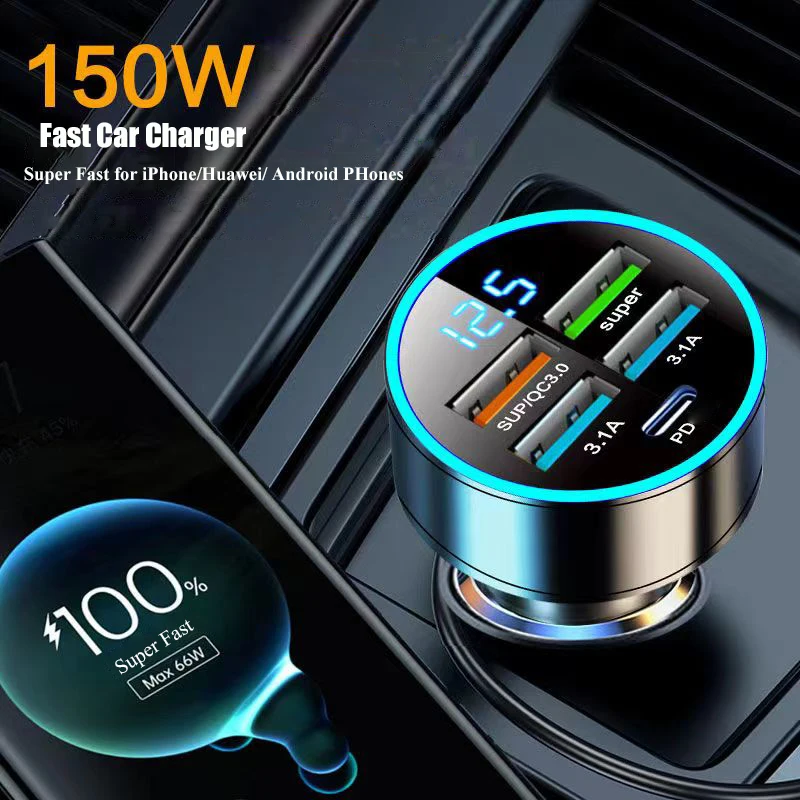 5 in 1 USB C Car Charger with Voltage Display Super Fast Charging Phone Adapter in Car for  iPhone 15 Pro Max 14 Samsung Huawei