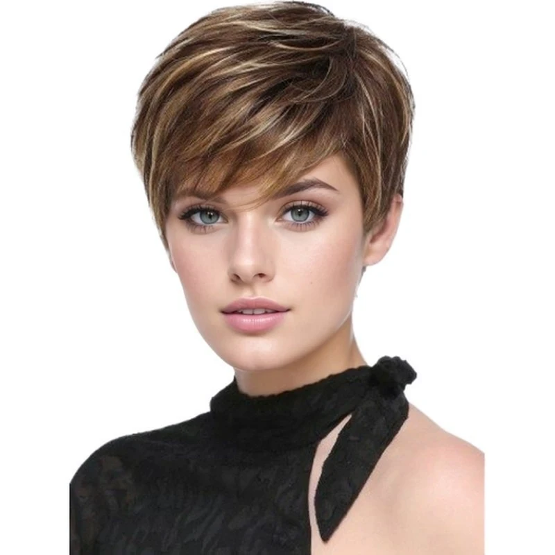 Women's short wig with side bangs, brown-gold color, made of thick high-temperature fiber