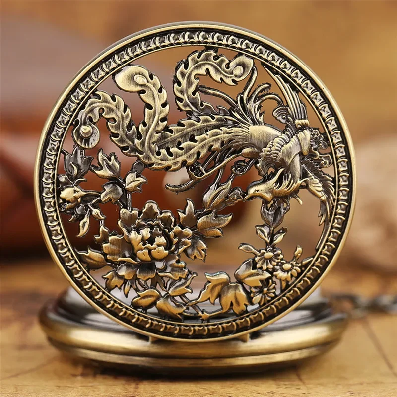 Retro Hollow Out Phoenix Pocket Watch Men Women Automatic Mechanical Watches Copper Skeleton Clock with FOB Pendant Chain Gift