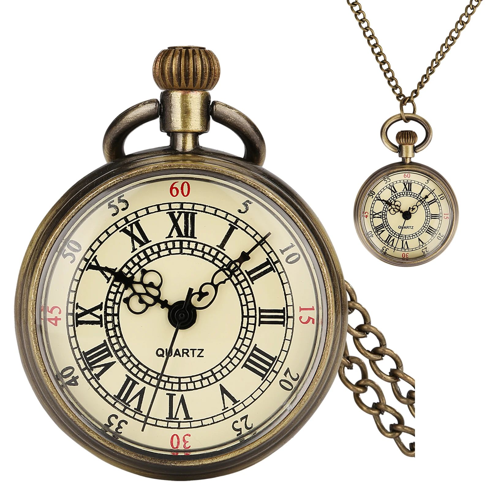 Old Fashion Bronze Open Yellow Faced Roman Numerals Analog 80cm Necklace Quartz Pocket Watch Retro Pendant Clock Timepiece Gifts