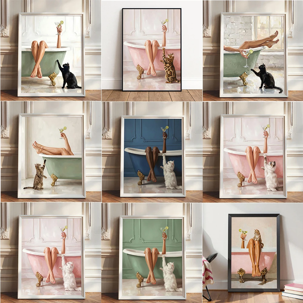 Pink Bathtub Martini Glass Art Poster Feminine Self-Care Cocktail Bathroom Prints Woman in Pink Bathtub Wall Art Canvas Painting