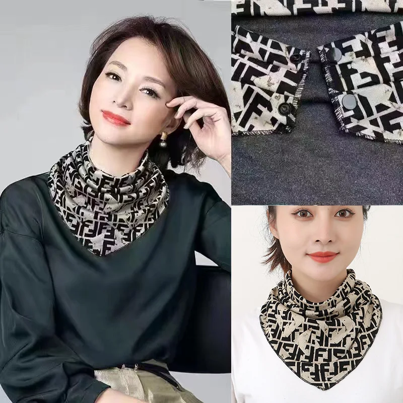 Women Fashion Protect Cervical Spine Button Bib Floral Print Triangle Headkerchief Summer Lady Fake Collar Neck Guard Silk Scarf