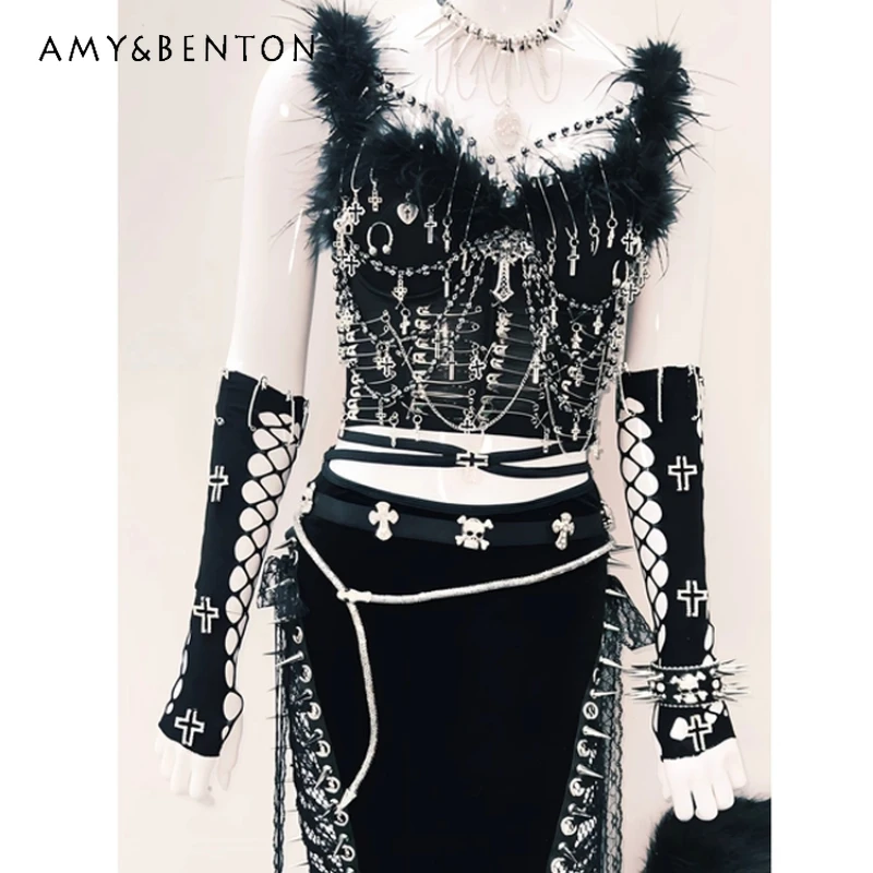 

Original Design Black Subculture Furry V-neck Women's Sling Punk Rock 2025 New Dark Rivet Hollow Out Tight Long Skirt Set Ladies