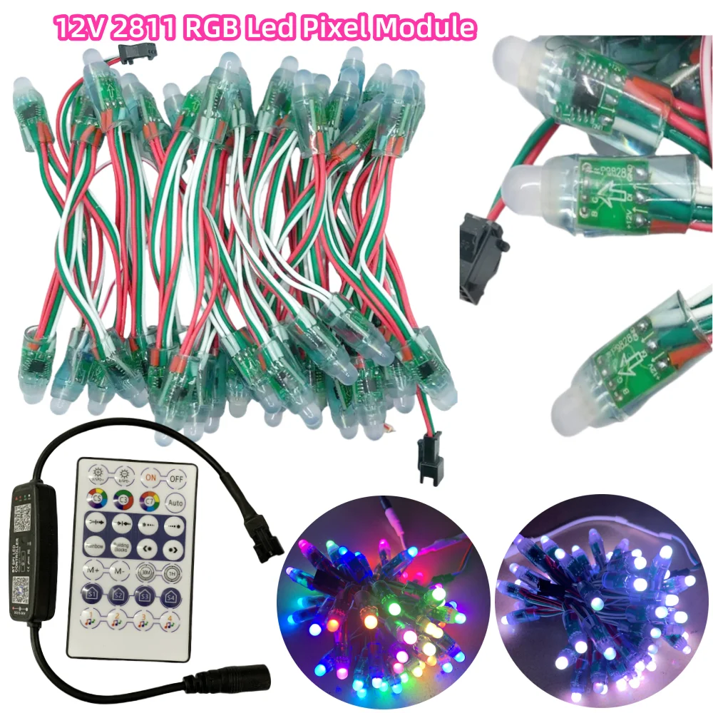 50pcs DC12V LED Pixel Module and 12-24V DC BT Controller Kit 12mm WS2811 RGB FullColor IP68 2811IC Digital LED Christmas Light