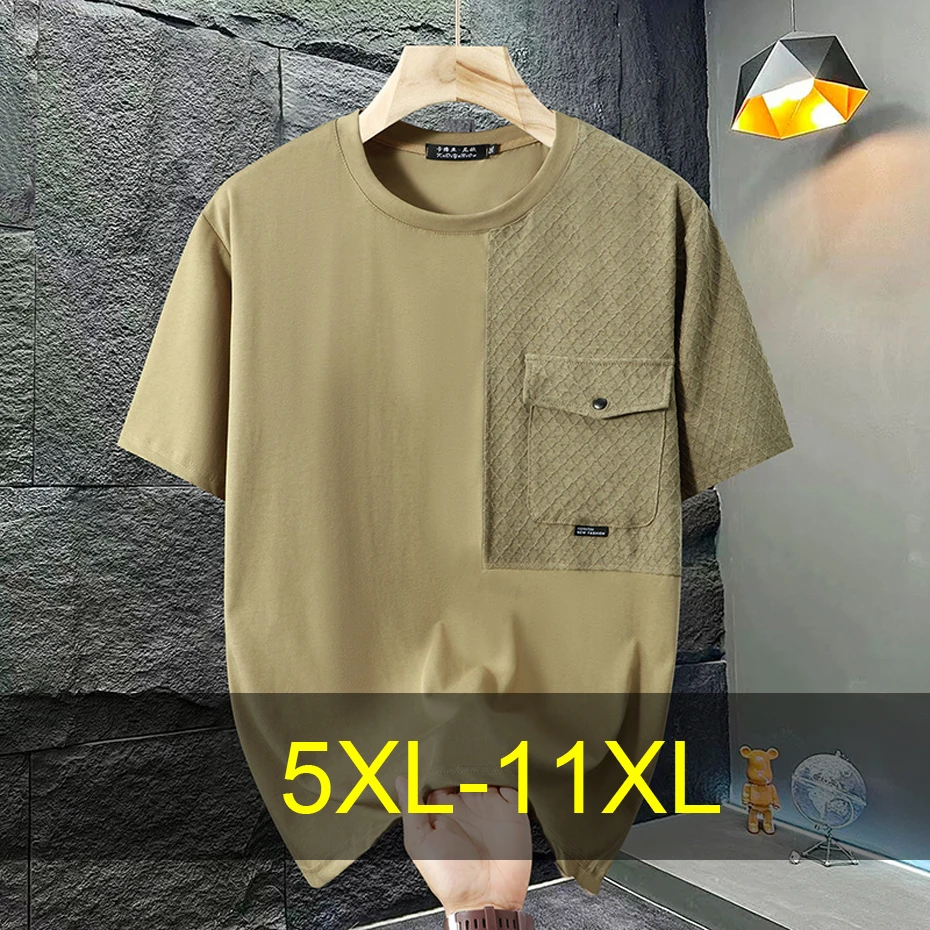 

Летняя мужская футболка 10XL 11XL размера плюс с коротким рукавом, модные повседневные лоскутные топы с карманами, футболки, мужская футболка большого размера