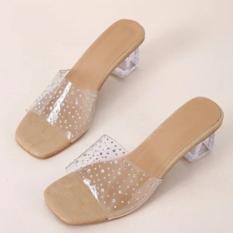 Women\'s High Heel Slippers 2023 Summer New Crystal Heel Hot Diamond Outwear Fashion Straight Line