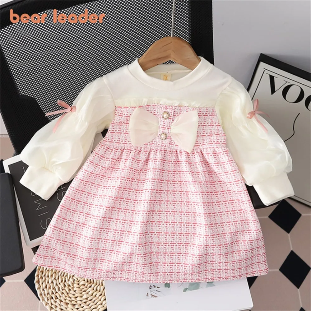 

Bear Leader Korean Version Children's Clothing 2025 Autumn Sweet Baby Girls Dresses Fake Two-piece Butterfly Bow Plaid Dress