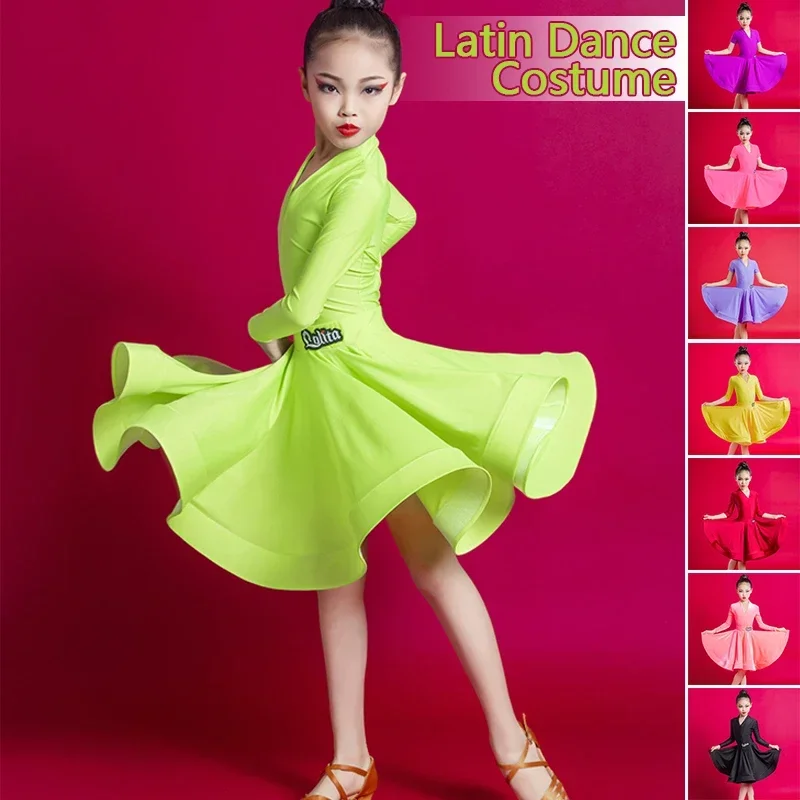 

Children Girls Latin Dance Costume Rumba Ballroom Dancing Large Swing Dress Practice Performance Professional Competition F12