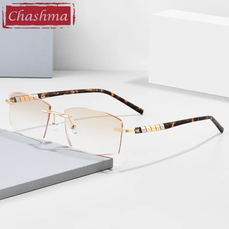 Chashma Diamond Trimmed Eyeglasses Men Rimless Glasses Frame Tint Lenses Quality Optical Crystal Pure Titanium Eyewear