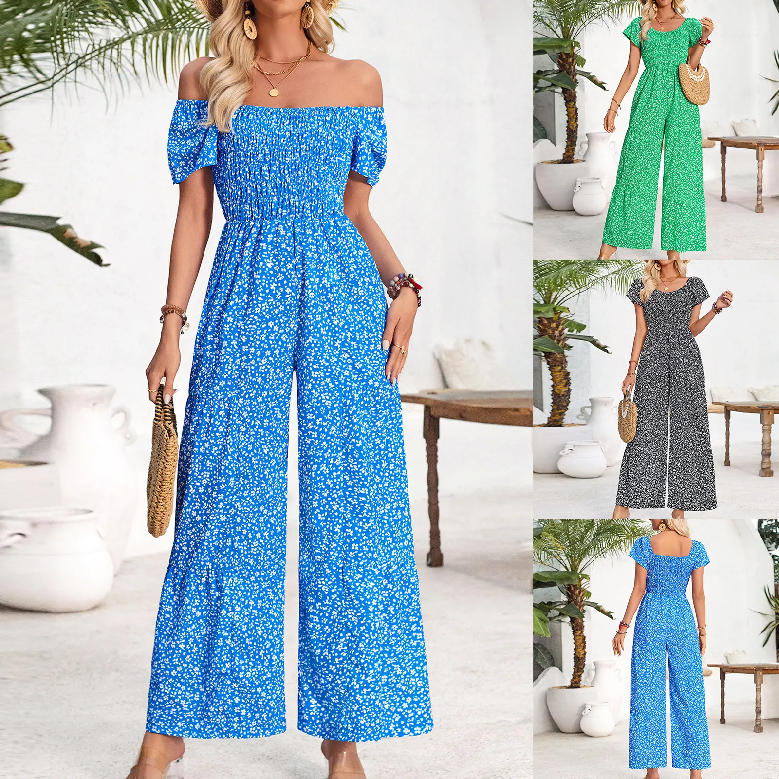 Women Short Sleeve Jumpsuits Classic Trend Print Round Neck Rompers Daily Commute Date Loose Wide Leg Jumpsuits Streetwear