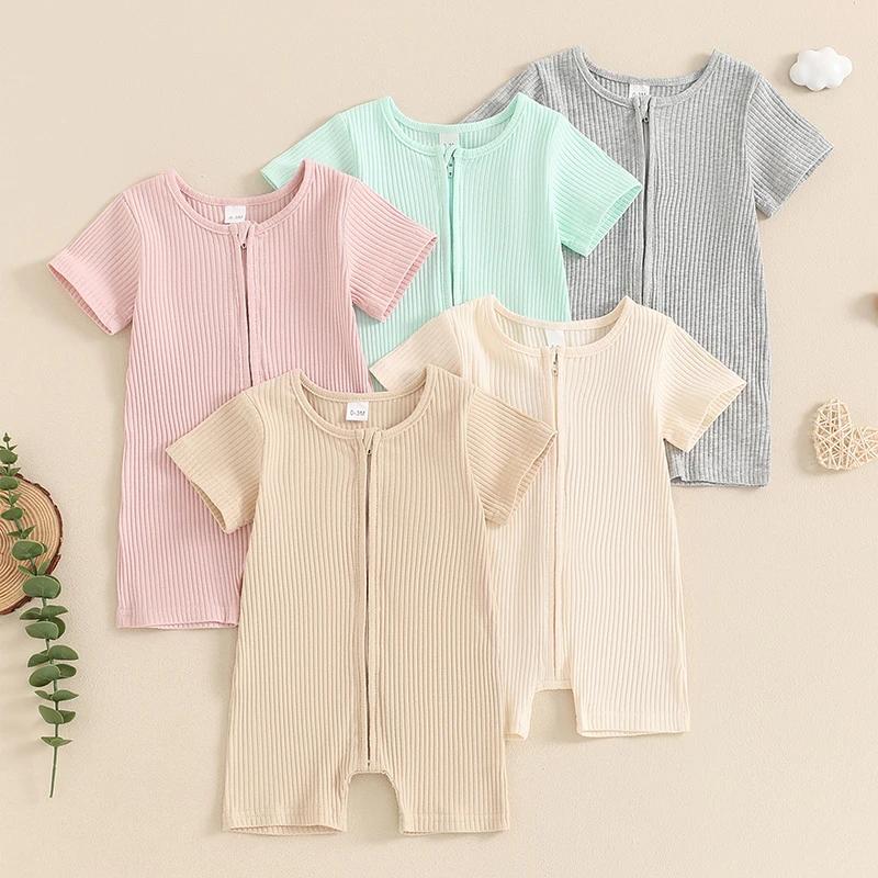 

2024-04-11 Lioraitiin 0-12M Newborn Baby Boys Girls Jumpsuits Short Sleeve Round Neck Full Zip Ribbed Rompers Clothes