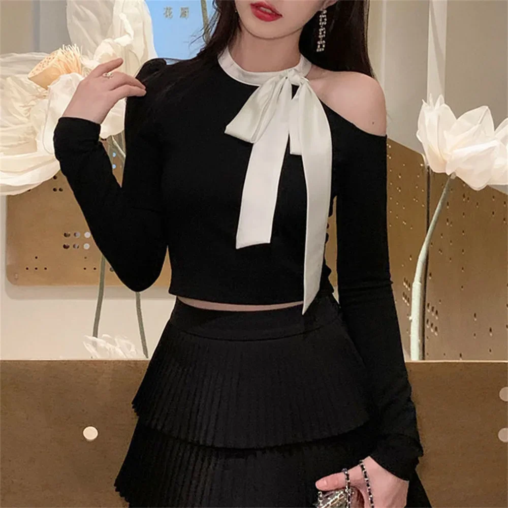 Women Off Shoulder Irregular Lace-up Bow Cropped Tops Girls Slim Casual Streetwear Party Sexy Tshirt Tees Long Sleeve Tshirts
