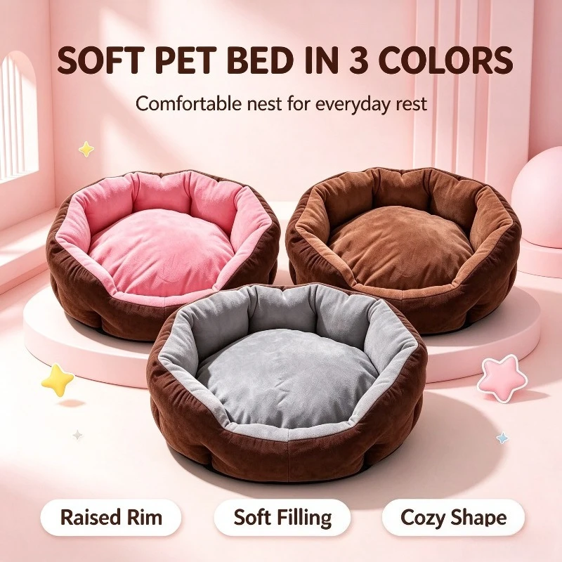 Octagonal Hug Pet Bed, Soft Short Plush Raised Rim Dog Cat Bed, Non-Slip Base, 3 Colors, For Small Medium Pets
