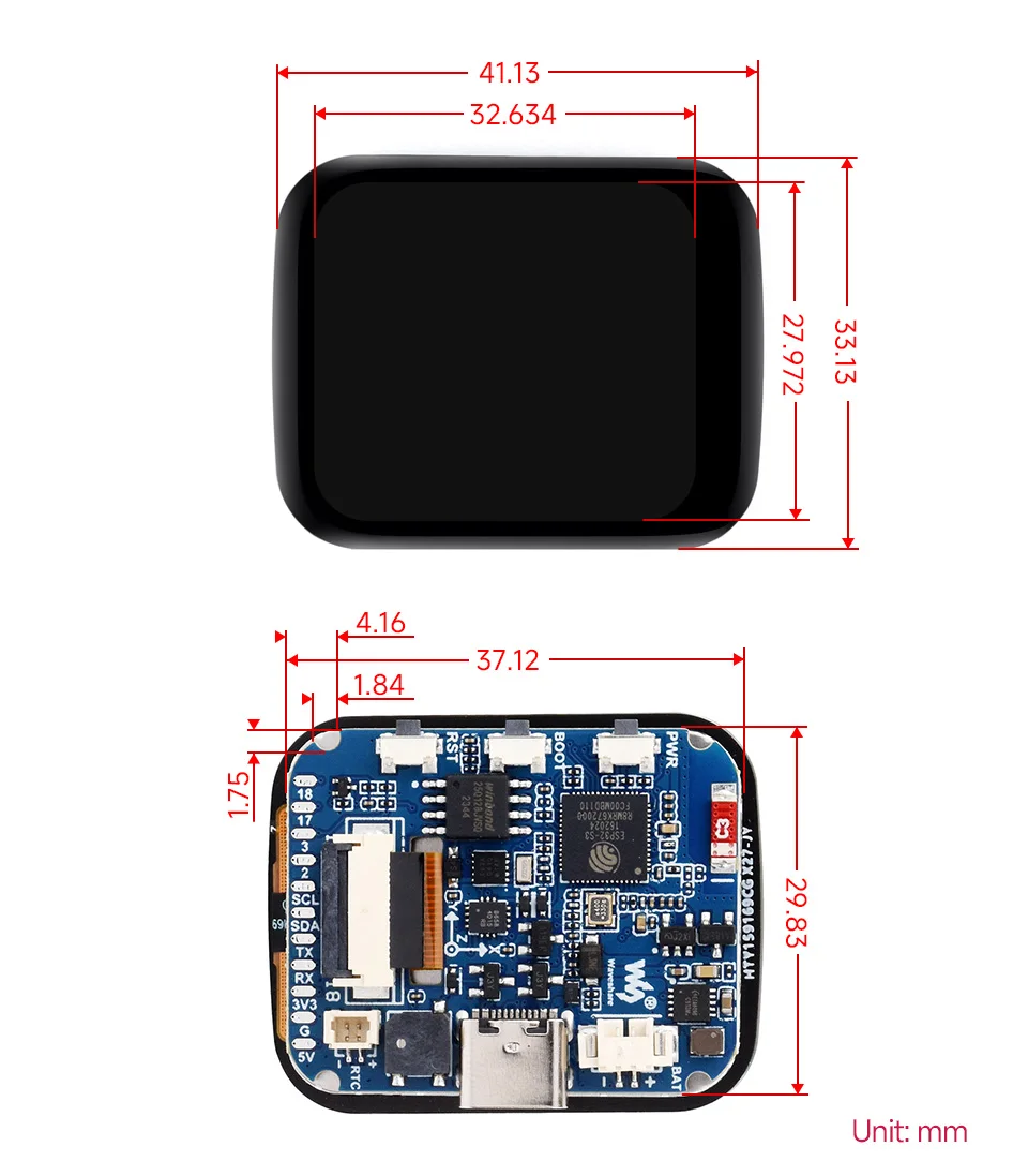 ESP32-S3-Touch-LCD-1.69,1.69 นิ้ว Touch Display Development Board, 240 × 280 พิกเซล,Accelerometer และ Gyroscope Sensor