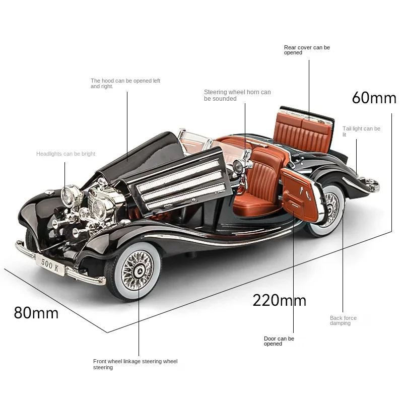 Simulation 500 Maßstab Benz k klassisches Oldtimer-Modell mit Display Box Geburtstags geschenk Junge Sammlung Miniatur Voiture