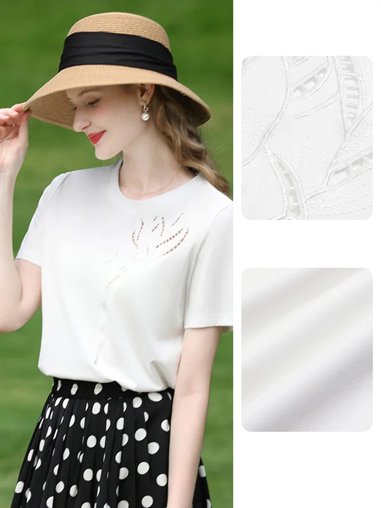 I BELIEVE YOU Top per donna Nuova maglietta estiva Slim Fit Bianco Scava fuori Ricamo Girocollo Top da pendolarismo 2252016035