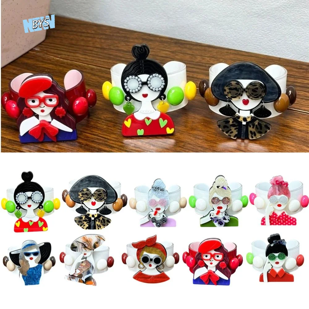 

Unique Girl Motifs Bracelet Acrylic Lady Figure Circular Patchwork Hand Chain Cool Cartoon Acrylic Open Bracelet Women Girls